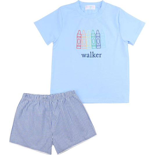 Navy Gingham Applique Crayons Short Set