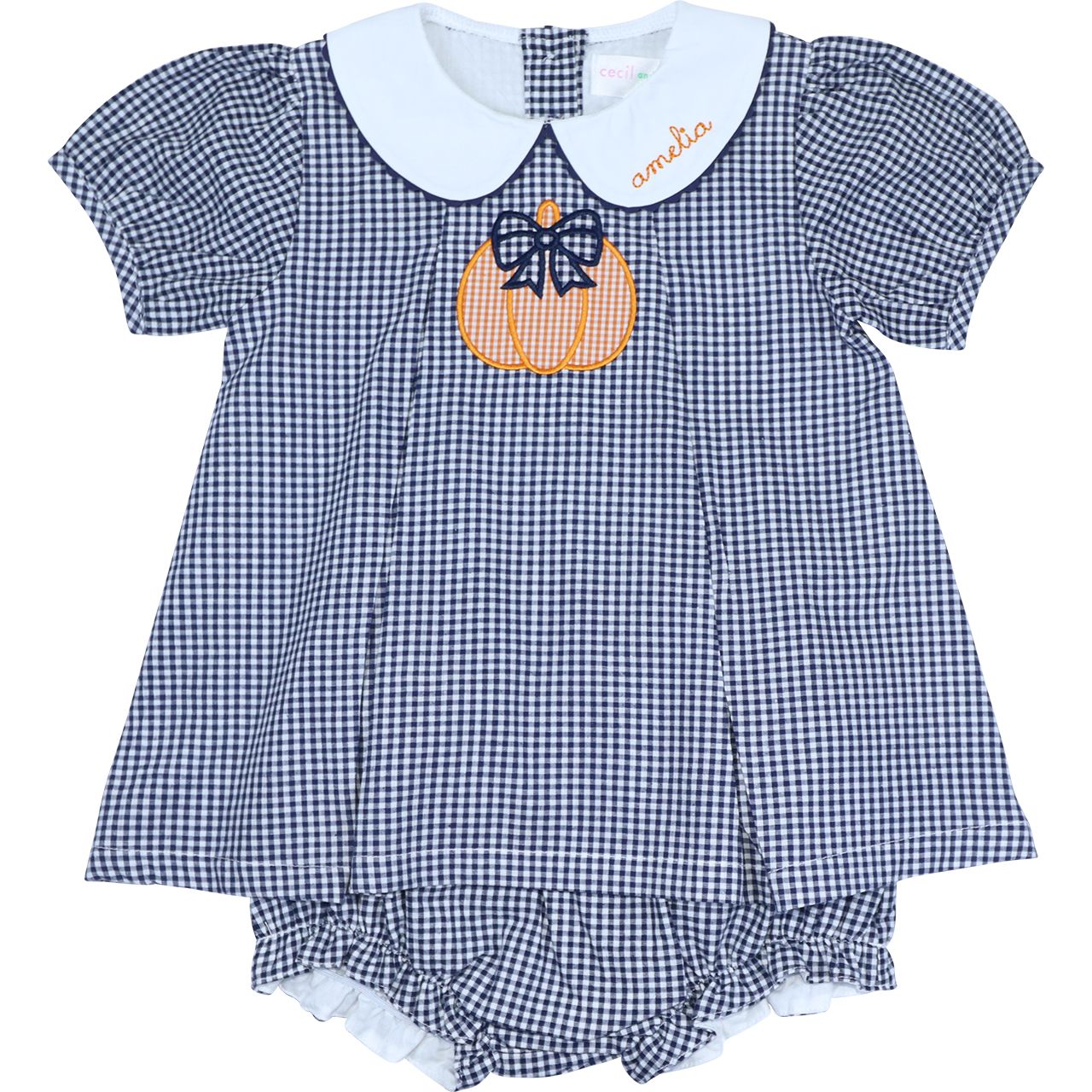 Navy Gingham Applique Pumpkin Diaper Set