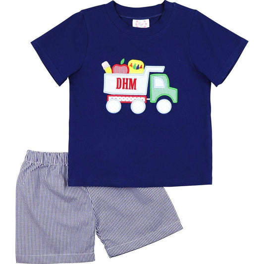 Navy Gingham Back To School Dump Truck Short Set