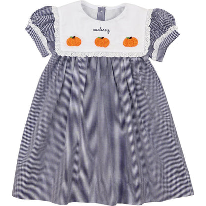 Navy Gingham Crochet Pumpkin Dress