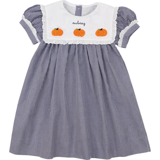 Navy Gingham Crochet Pumpkin Dress
