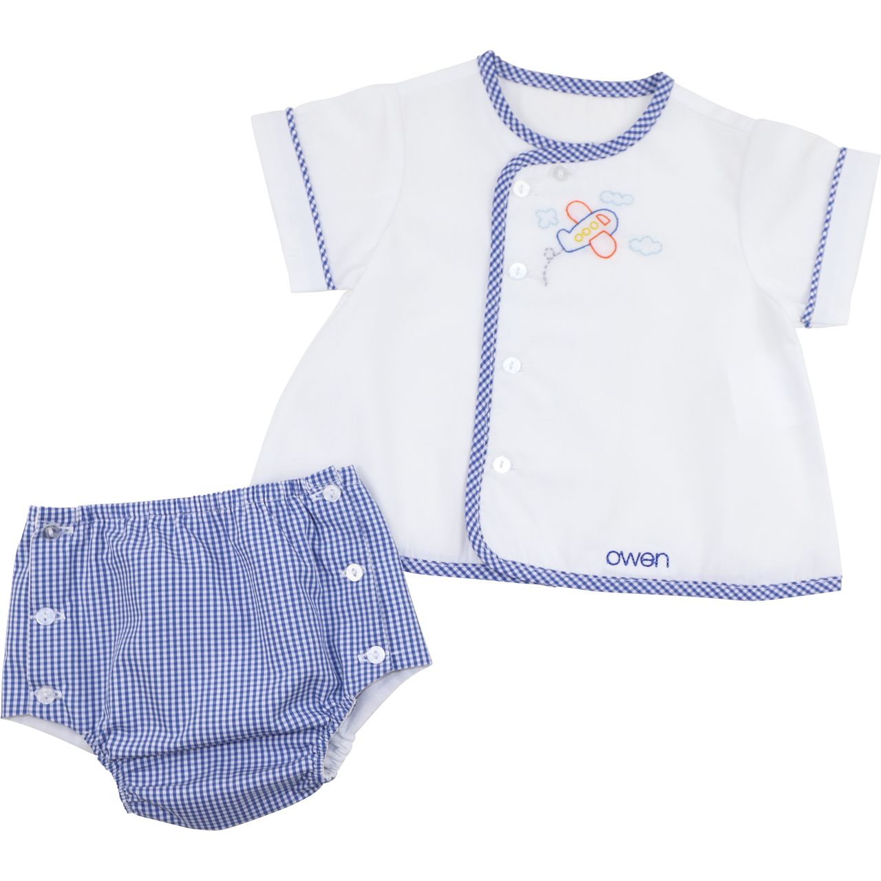 Navy Gingham Embroidered Airplane Diaper Set