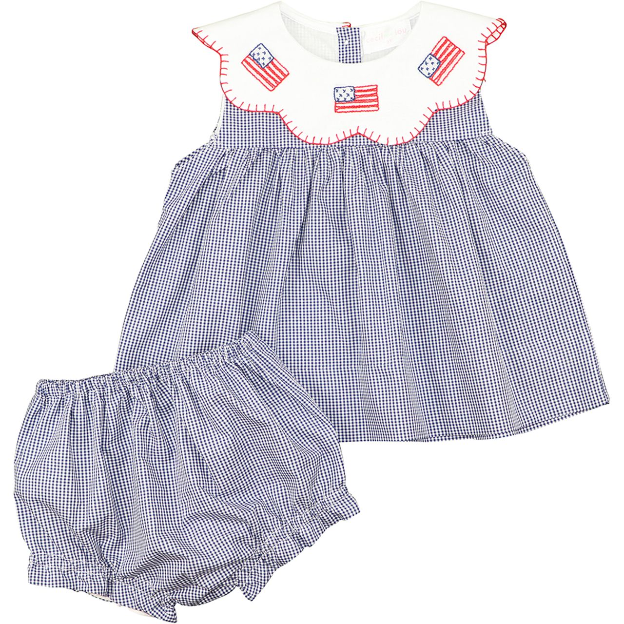 Navy Gingham Embroidered Flag Diaper Set