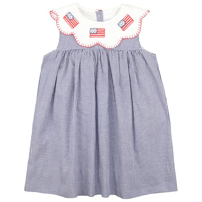 Navy Gingham Embroidered Flag Dress