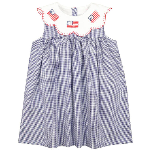 Navy Gingham Embroidered Flag Dress
