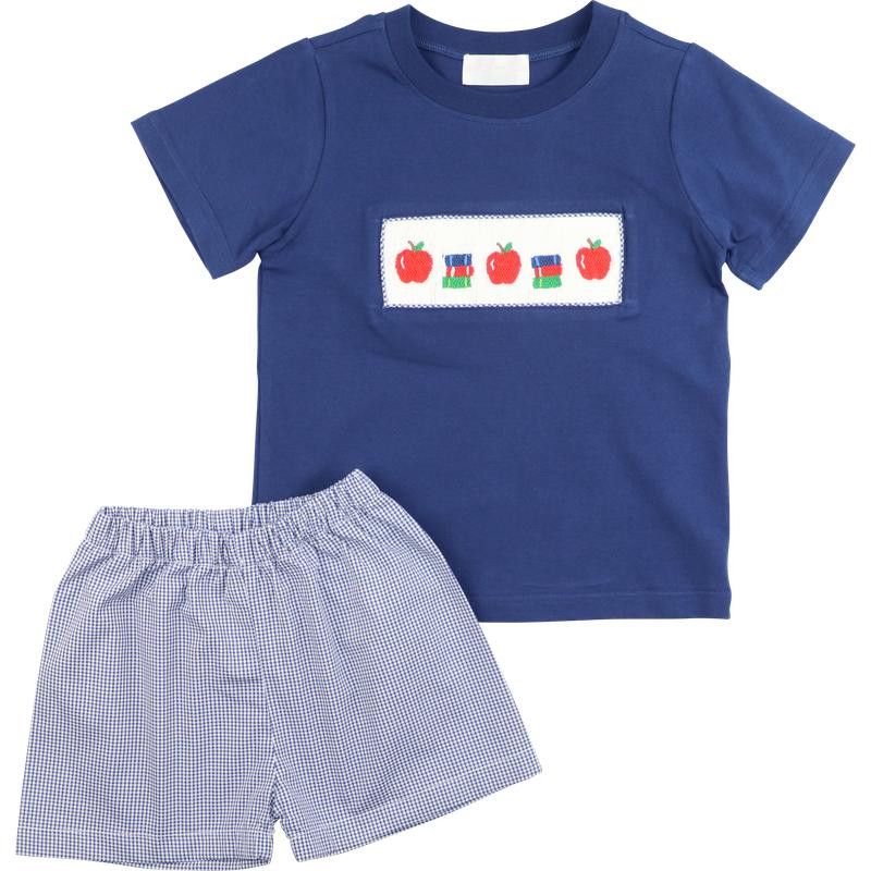Navy Gingham Smocked Apple And Books Short Set