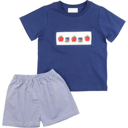 Navy Gingham Smocked Apple And Books Short Set