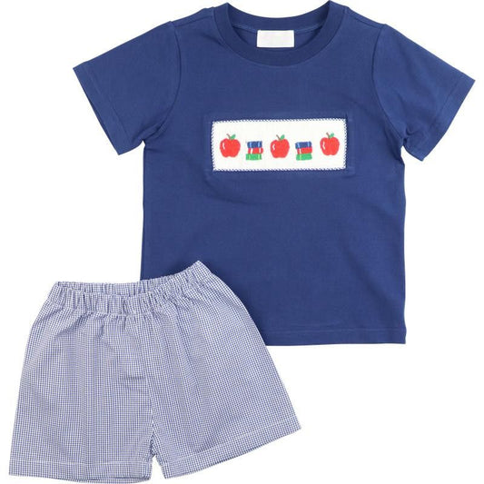 Navy Gingham Smocked Apple And Books Short Set