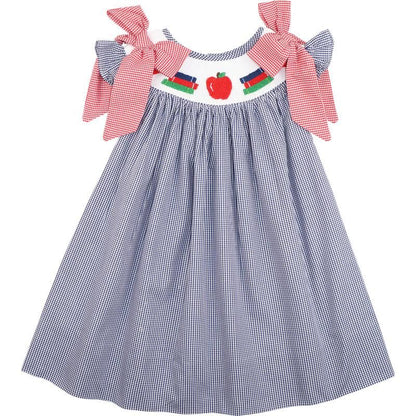 Navy Gingham Smocked Books And Apple Dress