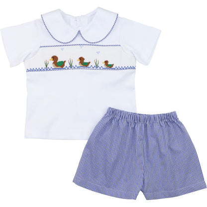 Navy Gingham Smocked Mallard Short Set