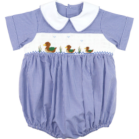 Navy Gingham Smocked Mallards Bubble