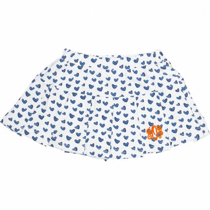 Navy Heart Print Knit Tennis Skirt with orange monogram1