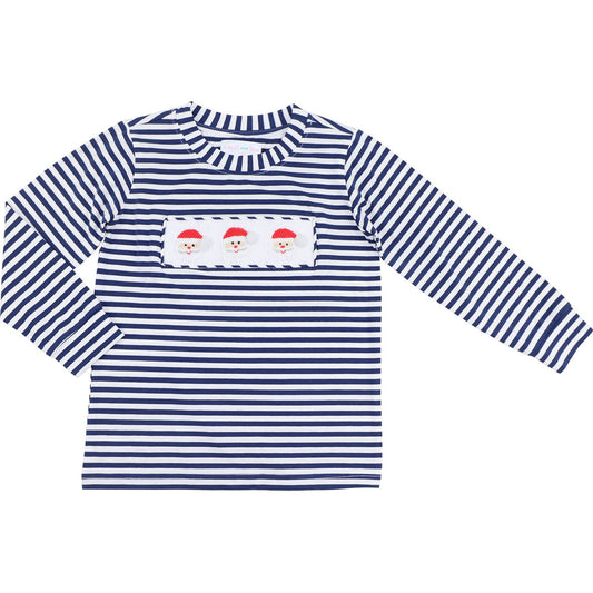 Navy Knit Striped Smocked Santa Shirt
