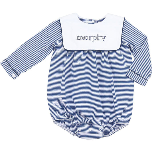 Navy Knit Striped Square Collar Bubble