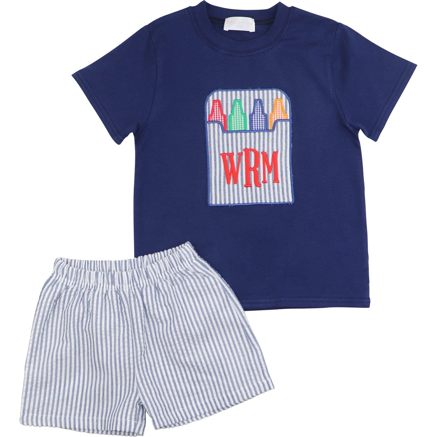 Navy Seersucker Applique Crayons Short Set
