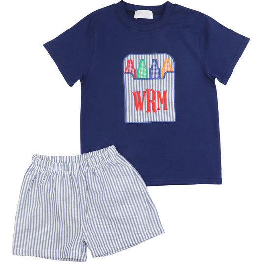 Navy Seersucker Applique Crayons Short Set