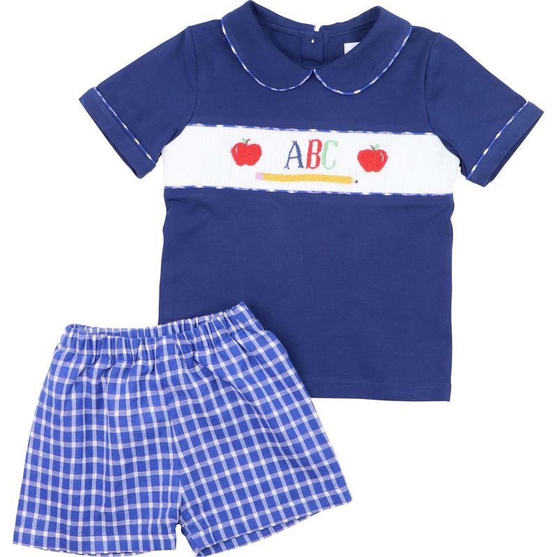 Navy Smocked ABC Apple Short Set