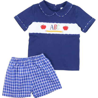 Navy Smocked ABC Apple Short Set