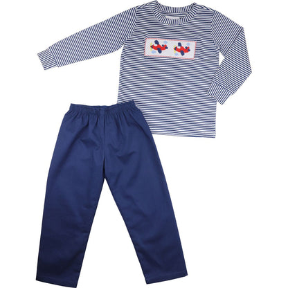Navy Smocked Airplanes Pant Set