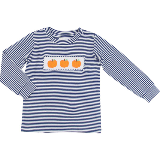 Navy Stripe Knit Smocked Pumpkin Shirt