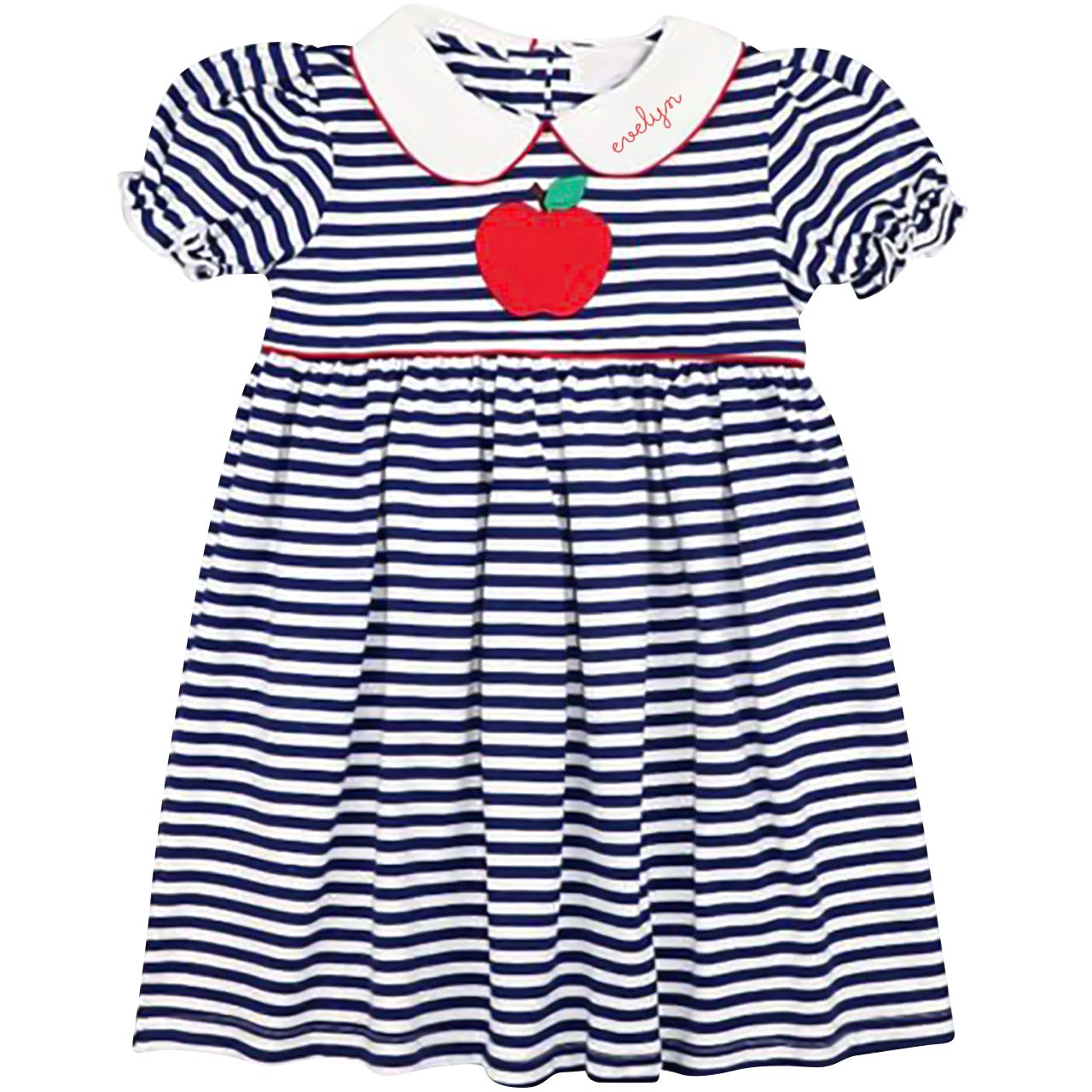 Navy Striped Knit Applique Apple Dress