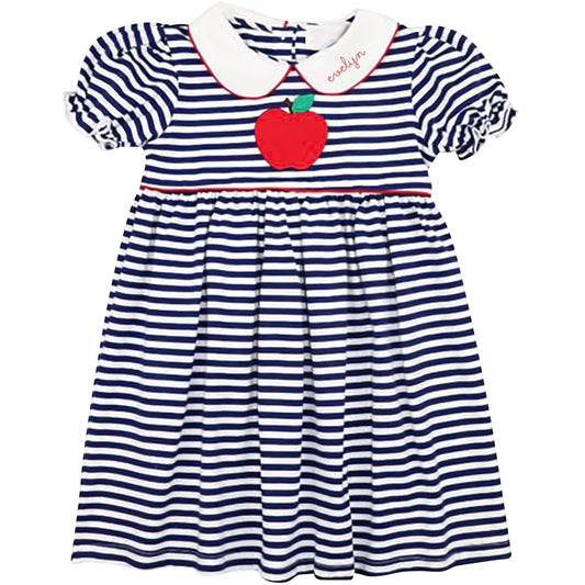 Navy Striped Knit Applique Apple Dress