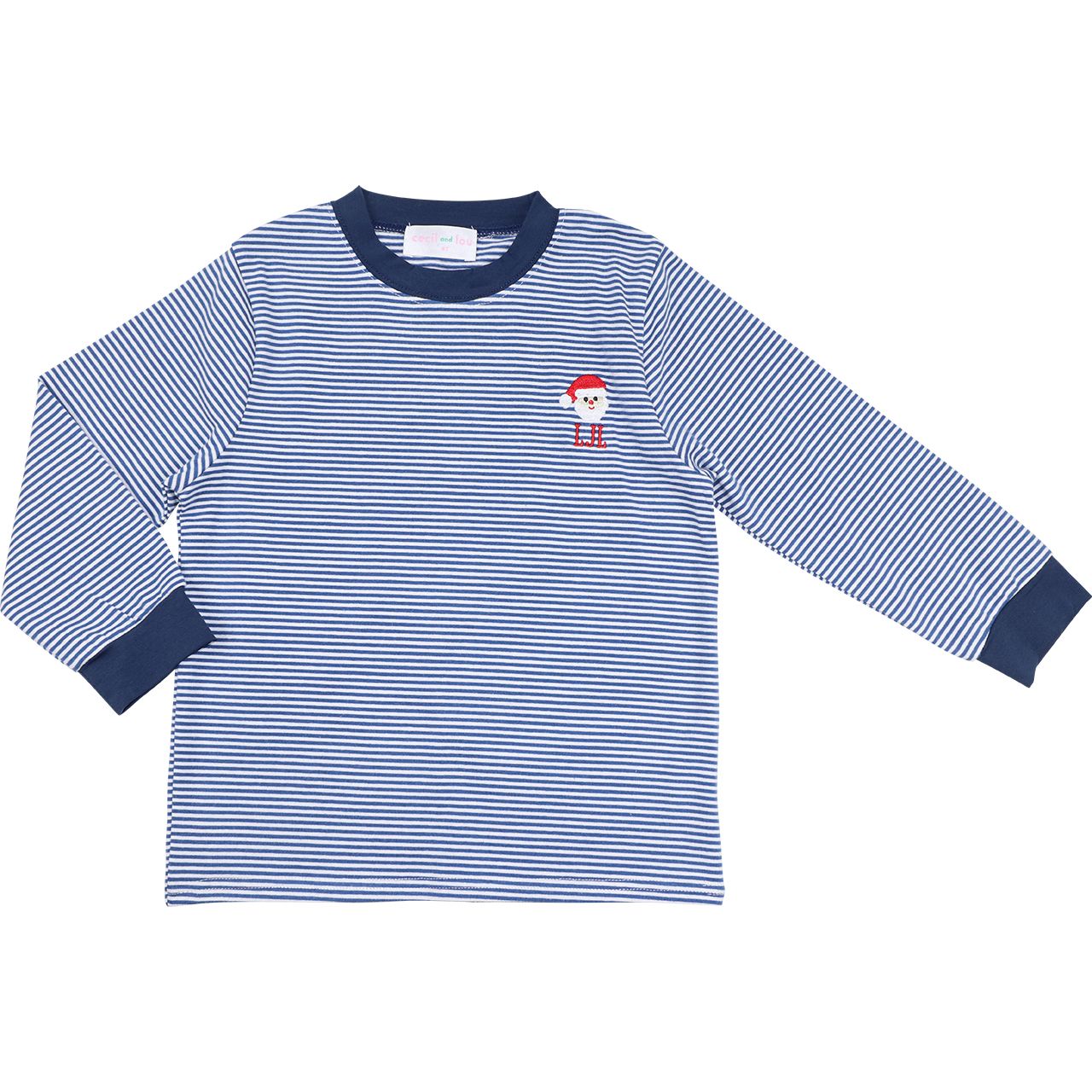 Navy Striped Knit Embroidered Santa Shirt