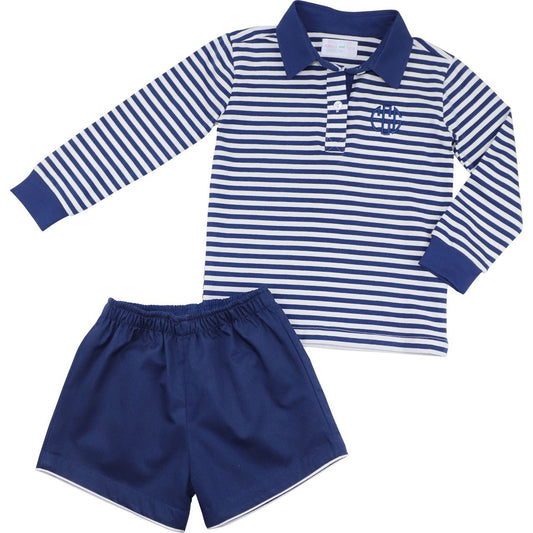 Navy Striped Knit Polo Short Set