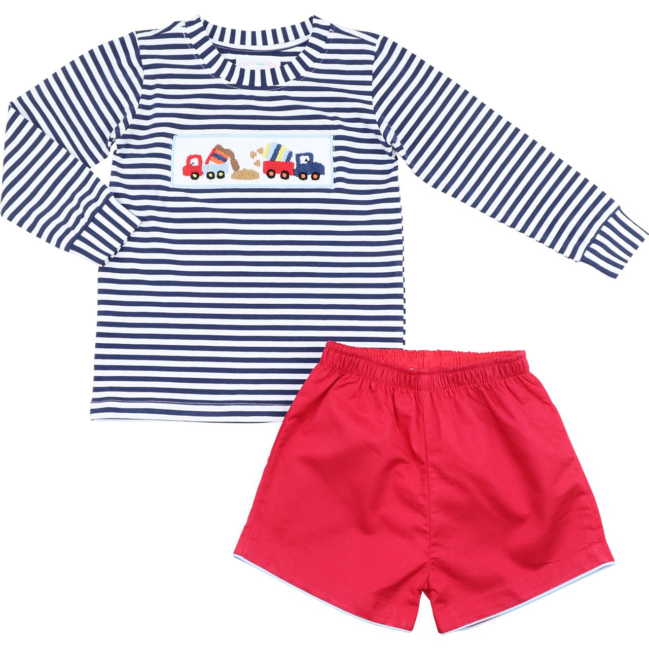 Navy Striped Knit Smocked Diggers Short Set