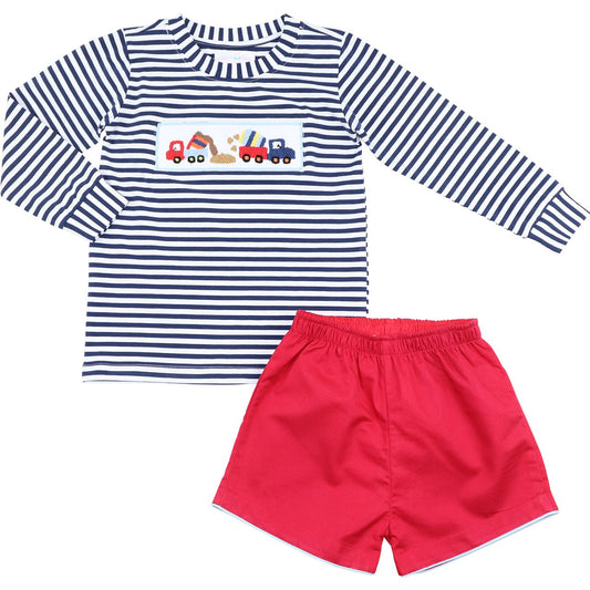 Navy Striped Knit Smocked Diggers Short Set