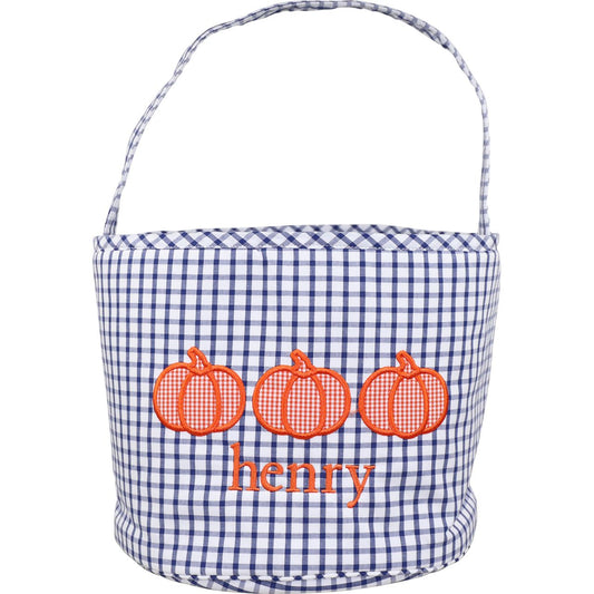 Navy Windowpane Applique Pumpkin Bucket