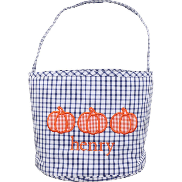 Navy Windowpane Applique Pumpkin Bucket