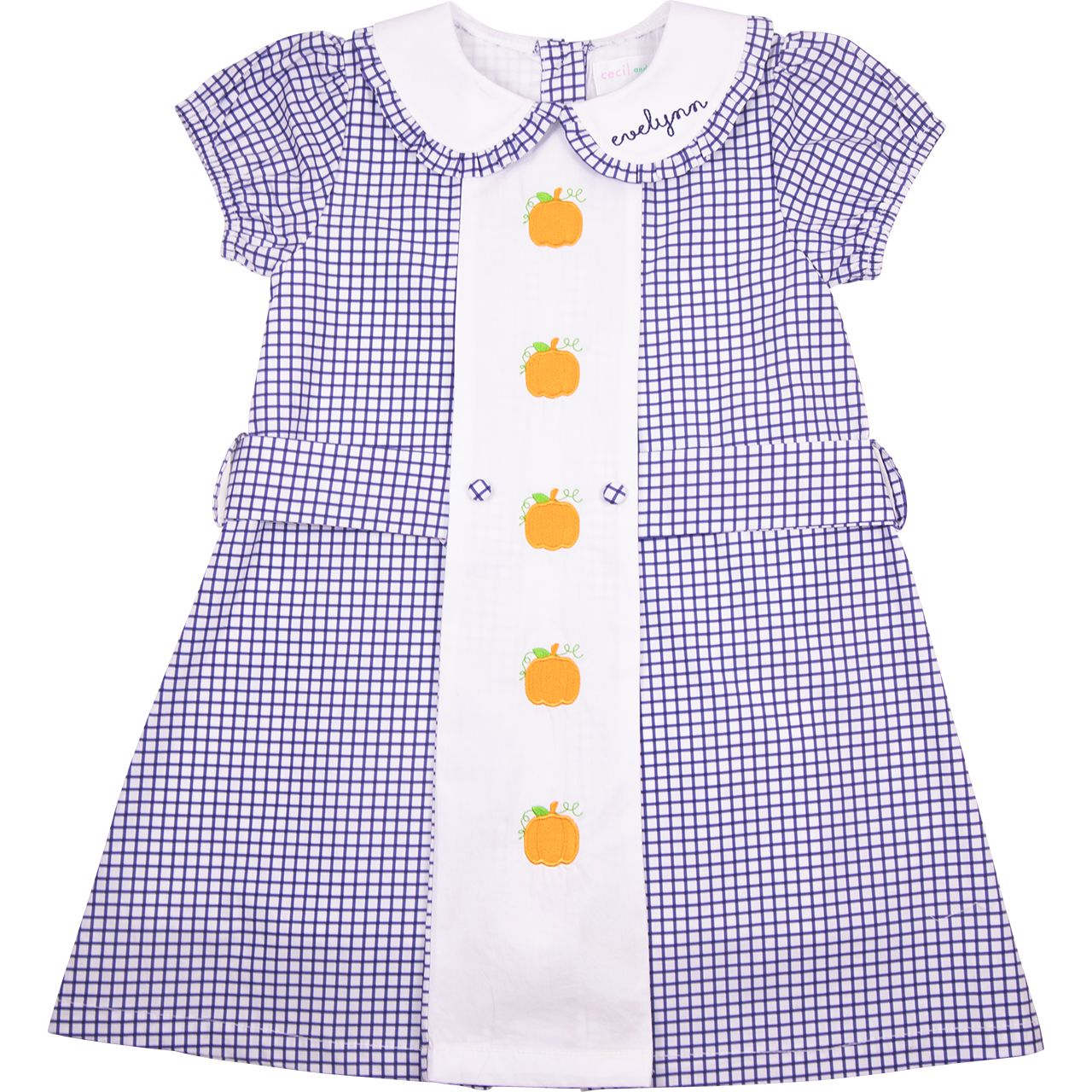 Navy Windowpane Embroidered Pumpkin Dress