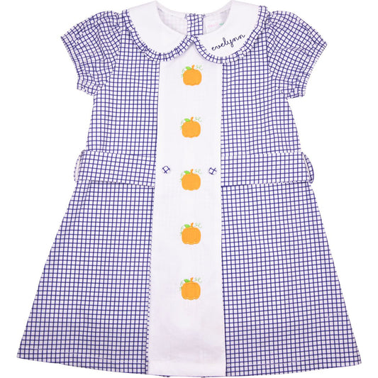 Navy Windowpane Embroidered Pumpkin Dress