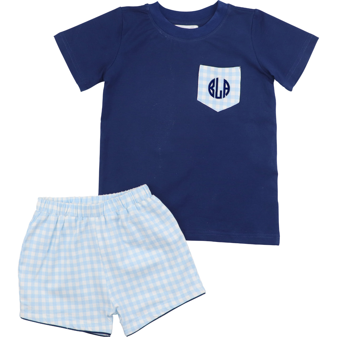 Navy blue t-shirt with a pocket and light blue checkered shorts on a white background