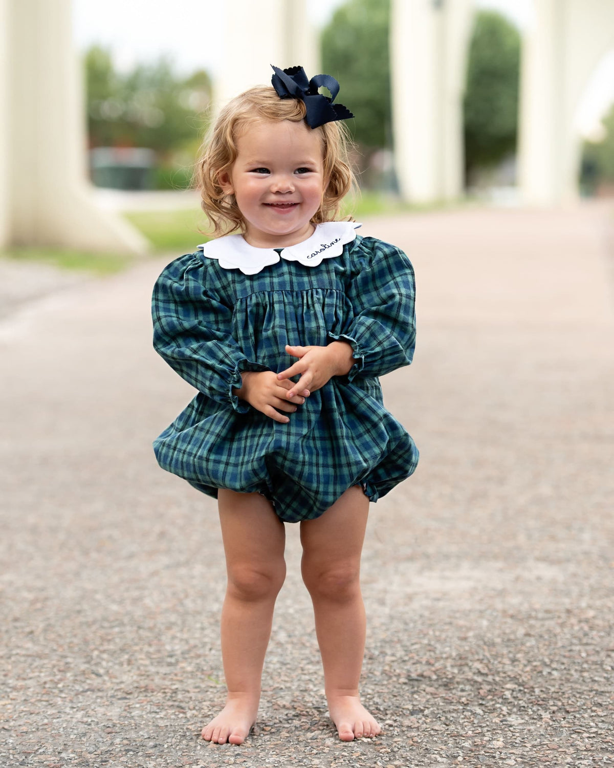 Green And Navy Plaid Scalloped Collar Bubble