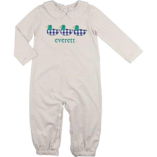 Khaki Stripe Knit Applique Mallards Long Romper