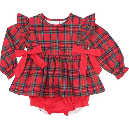 Red Tartan Plaid Bow Diaper Set