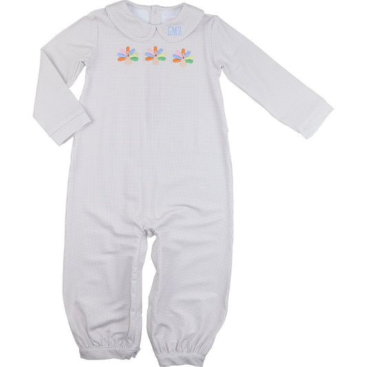 Khaki Gingham Knit Embroidered Turkeys Long Romper