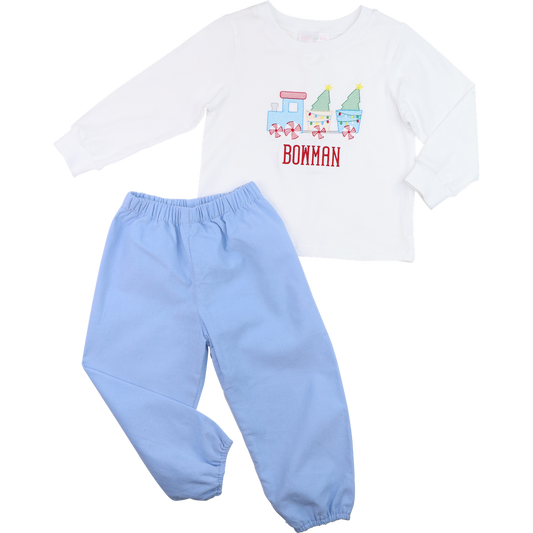 Blue Corduroy Christmas Train Pant Set