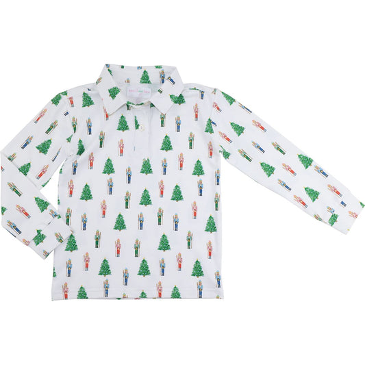 Nutcracker And Christmas Tree Print Knit Polo Shirt