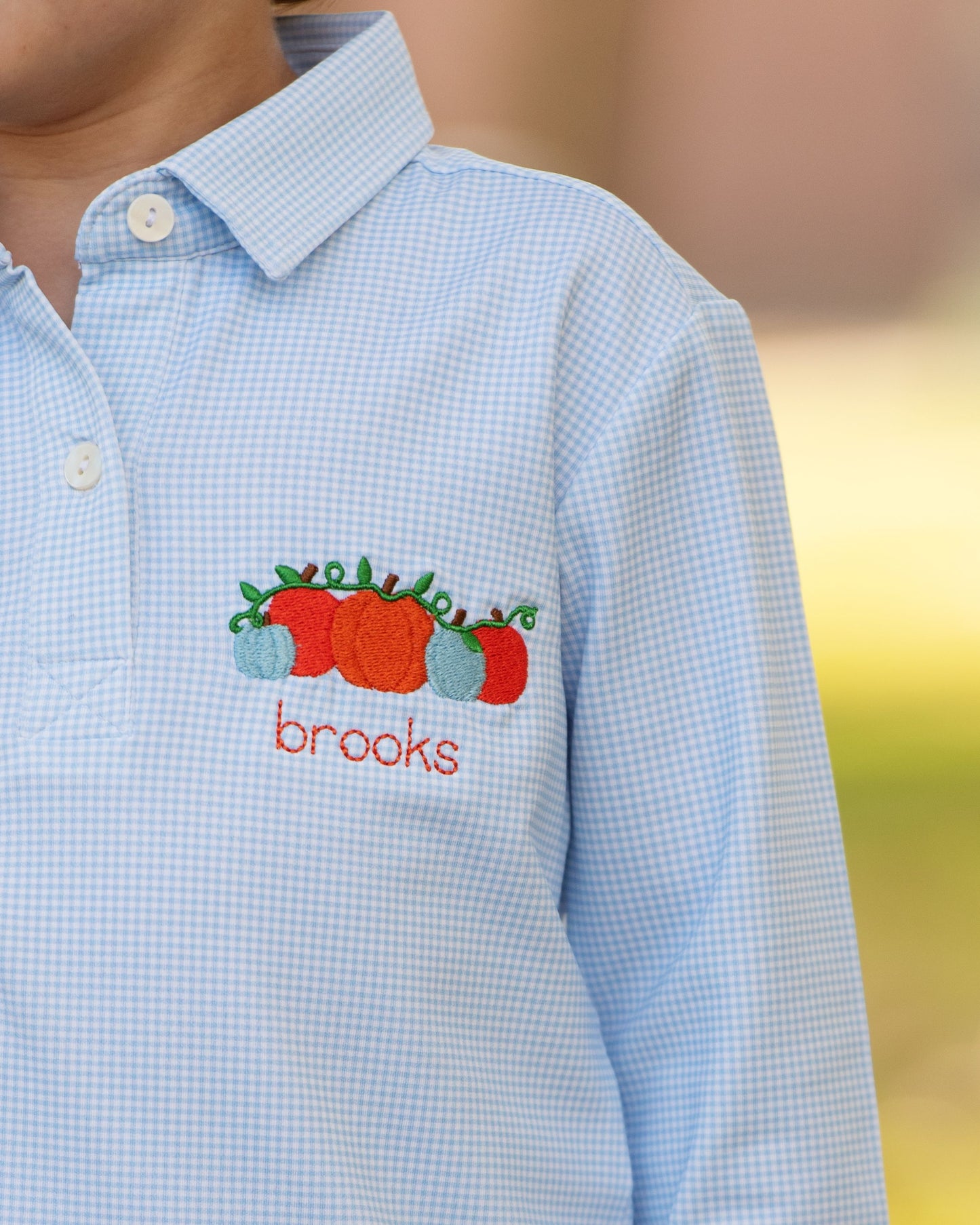 Blue Knit Gingham Embroidered Pumpkin Polo Shirt