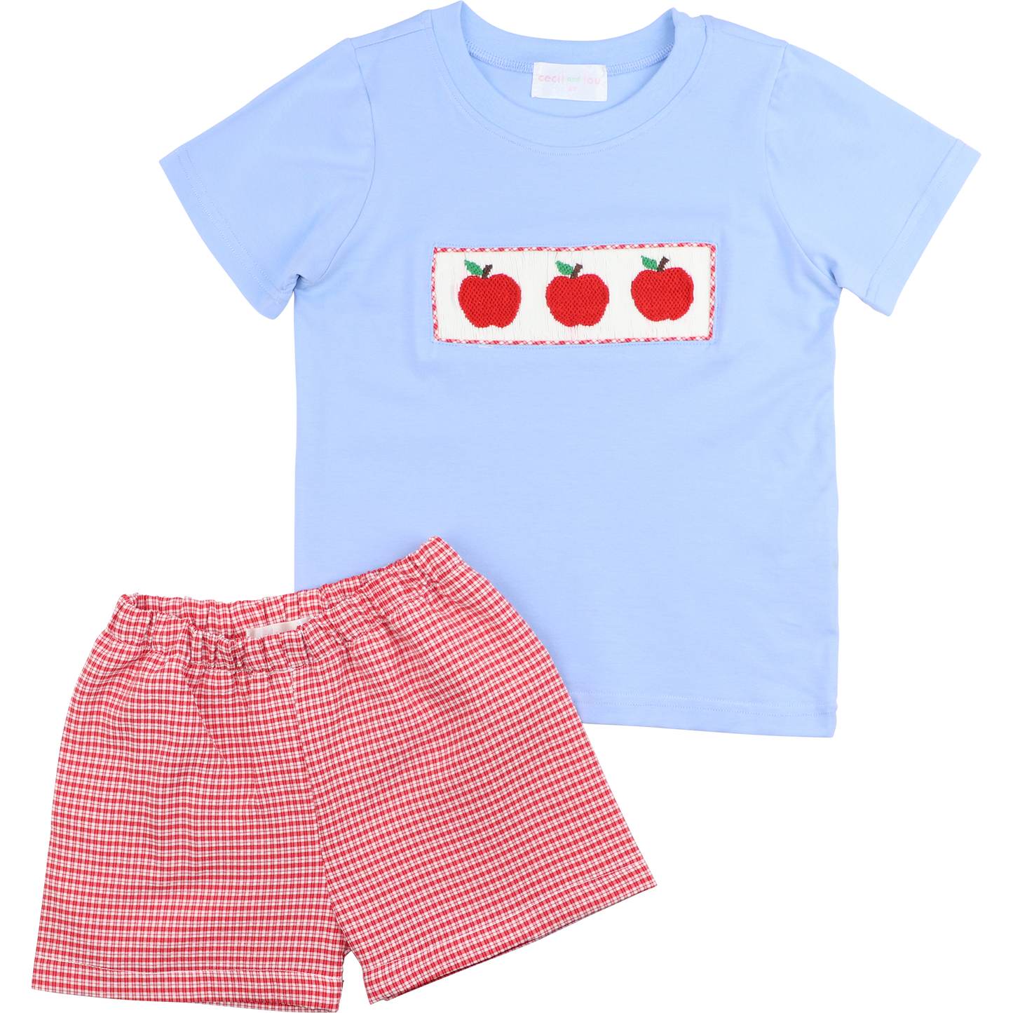 Red Seersucker Smocked Apple Short Set