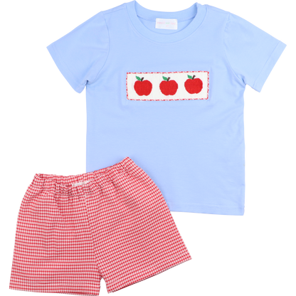 Red Seersucker Smocked Apple Short Set