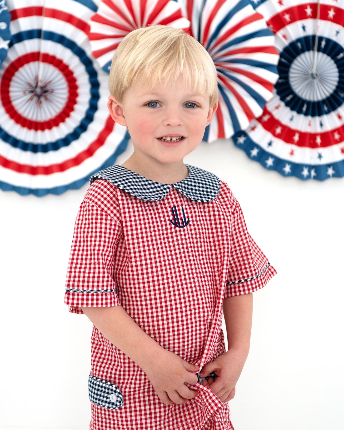 Navy And Red Seersucker Tab Short Set