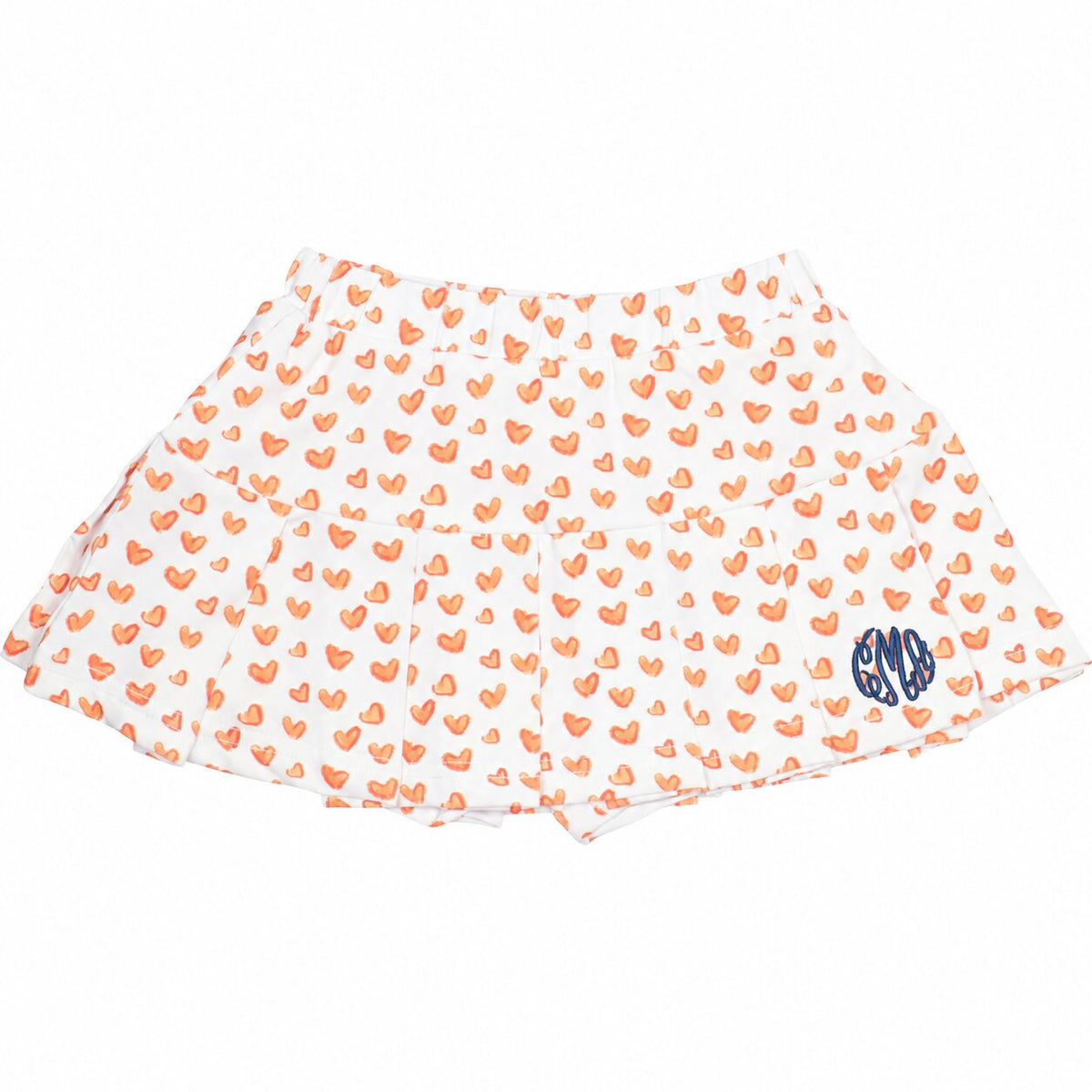 Orange Heart Print Knit Tennis Skirt with navy monogram