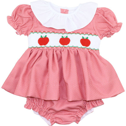 Red Gingham Smocked Apple Diaper Set