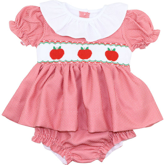 Red Gingham Smocked Apple Diaper Set