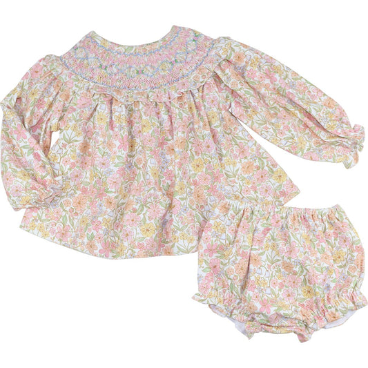 Pink And Blue Corduroy Smocked Fall Floral Diaper Set