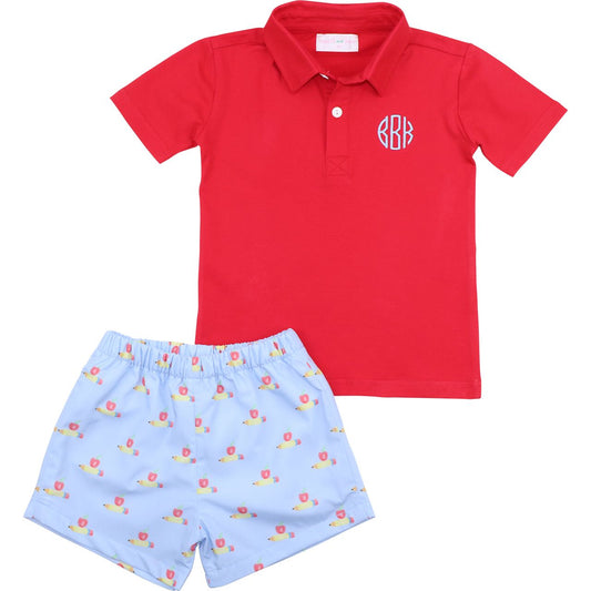 Blue And Red Pencil And Apple Polo Short Set